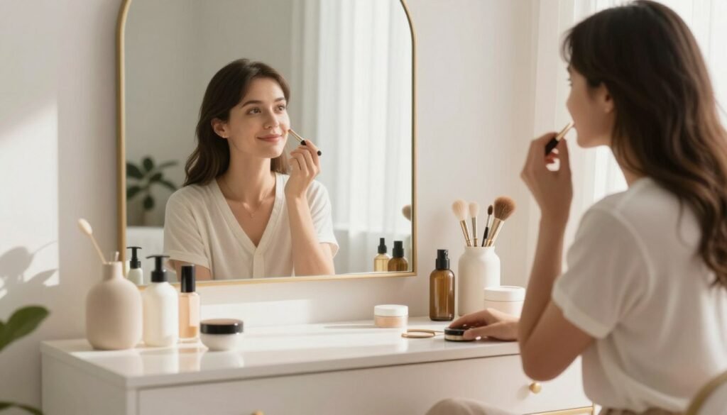 Woman enjoying her morning routine at a beautifully styled vanity table with natural light