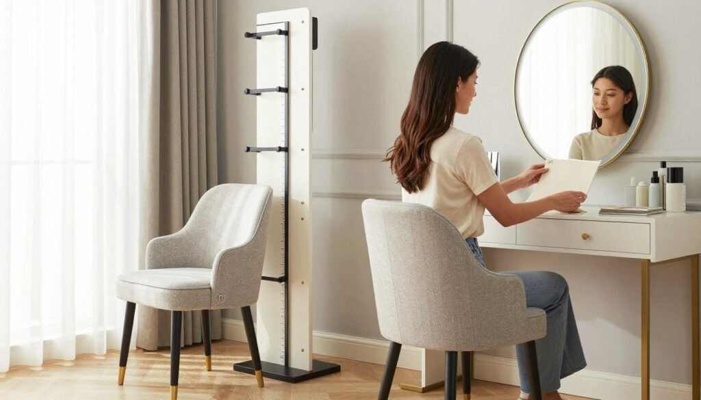 Woman trying different vanity chairs in a stylish home setting
