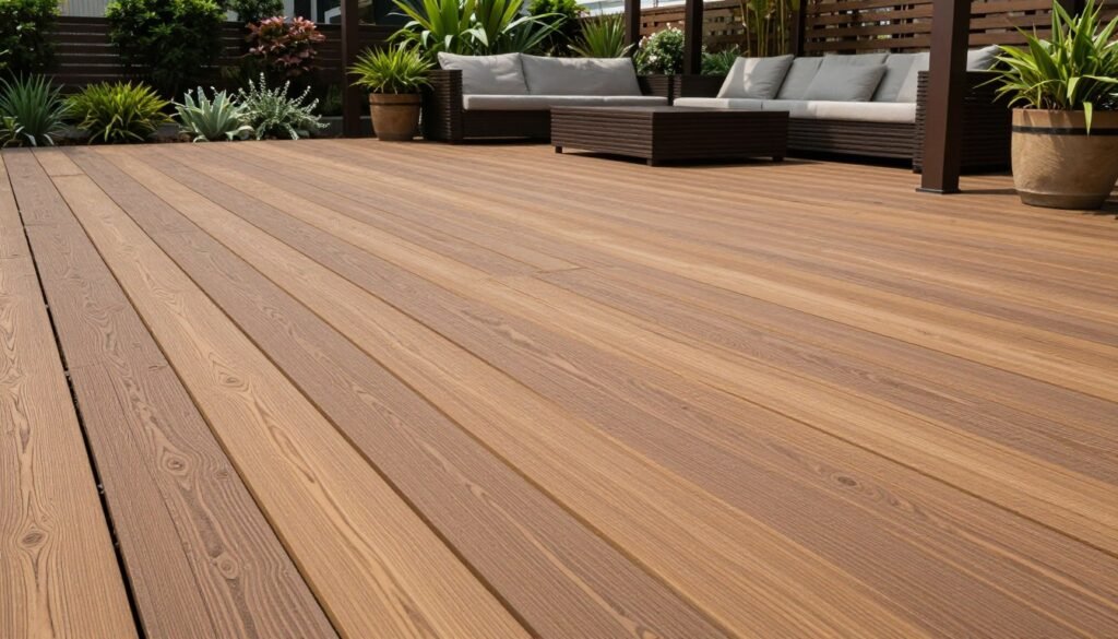 Wood plank stamped concrete patio with realistic grain texture and warm brown tones