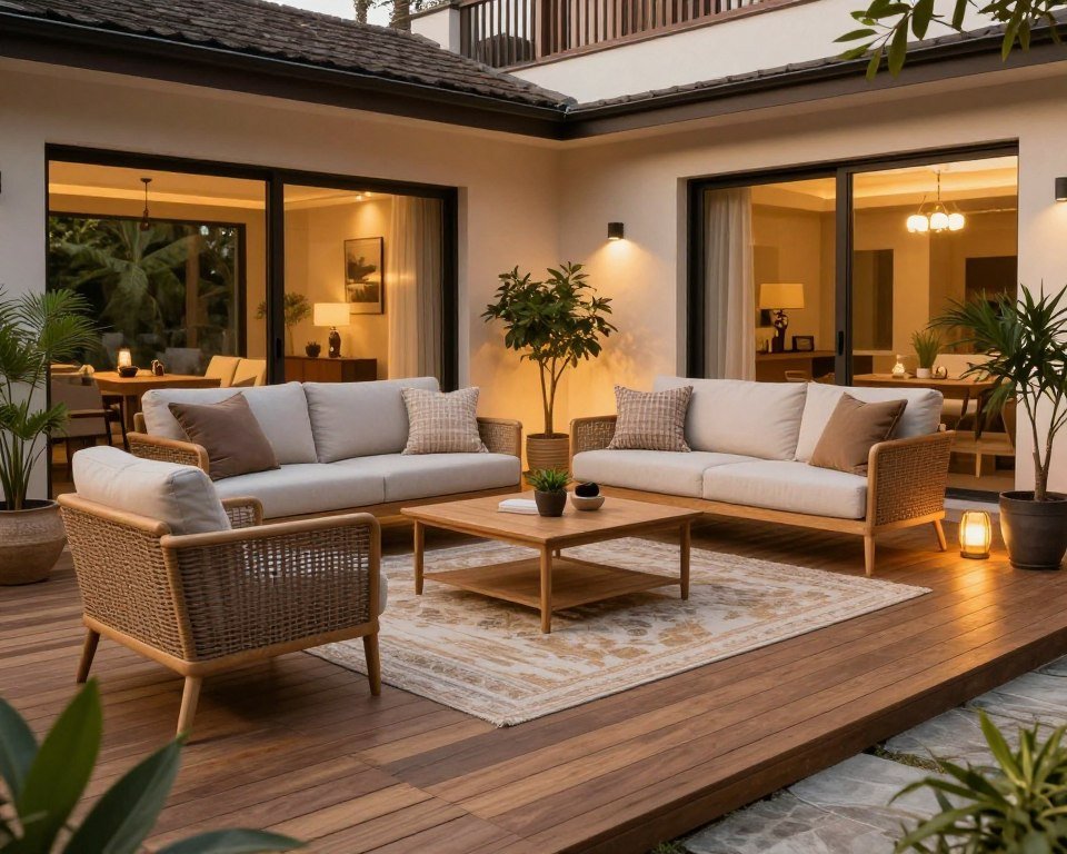 Wooden deck with comfortable outdoor furniture creating an outdoor living room feel