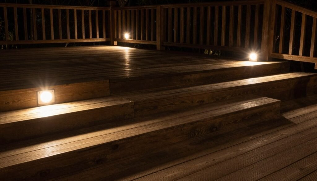 Wooden deck with integrated step lights and railing lights