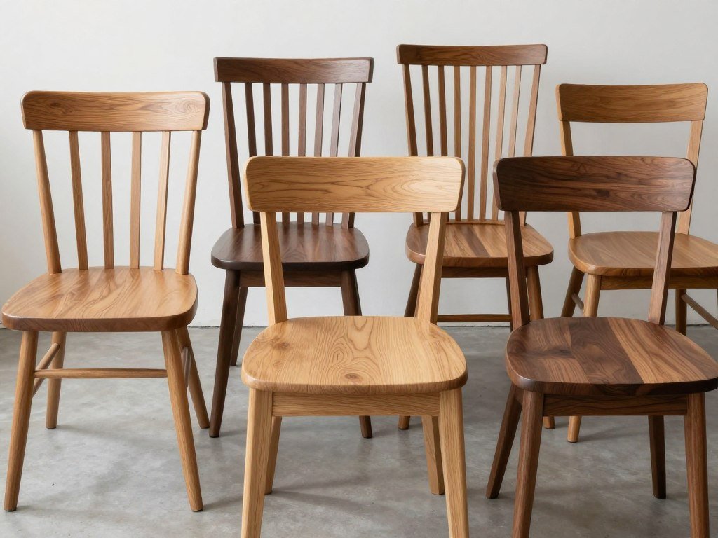 Wooden dining chairs in various finishes showing natural grain patterns