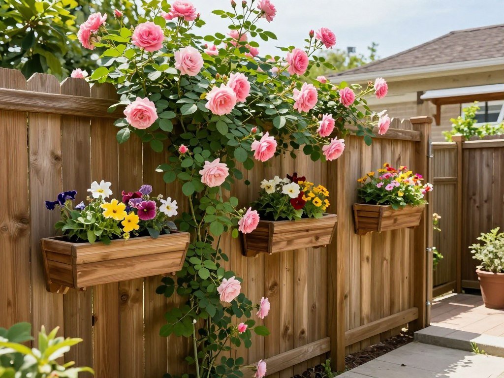 Wooden fence with climbing roses and attached planter boxes