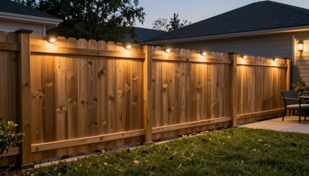 Wooden fence with integrated lighting creating evening ambiance