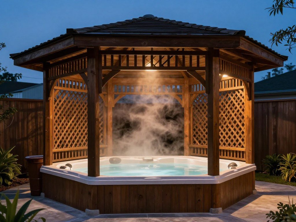 Wooden gazebo enclosing a hot tub with privacy screens and ambient lighting
