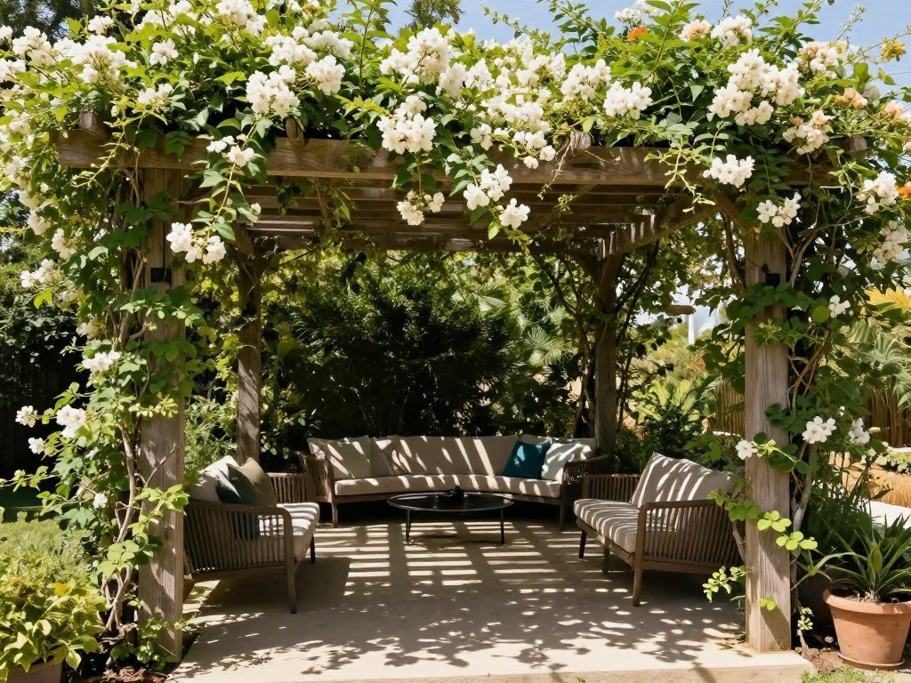 Wooden pergola covered with flowering vines creating natural shade in a cozy backyard