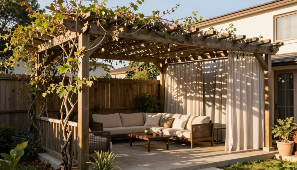 Wooden pergola over a backyard patio with climbing vines, comfortable seating, and string lights creating a sheltered outdoor room