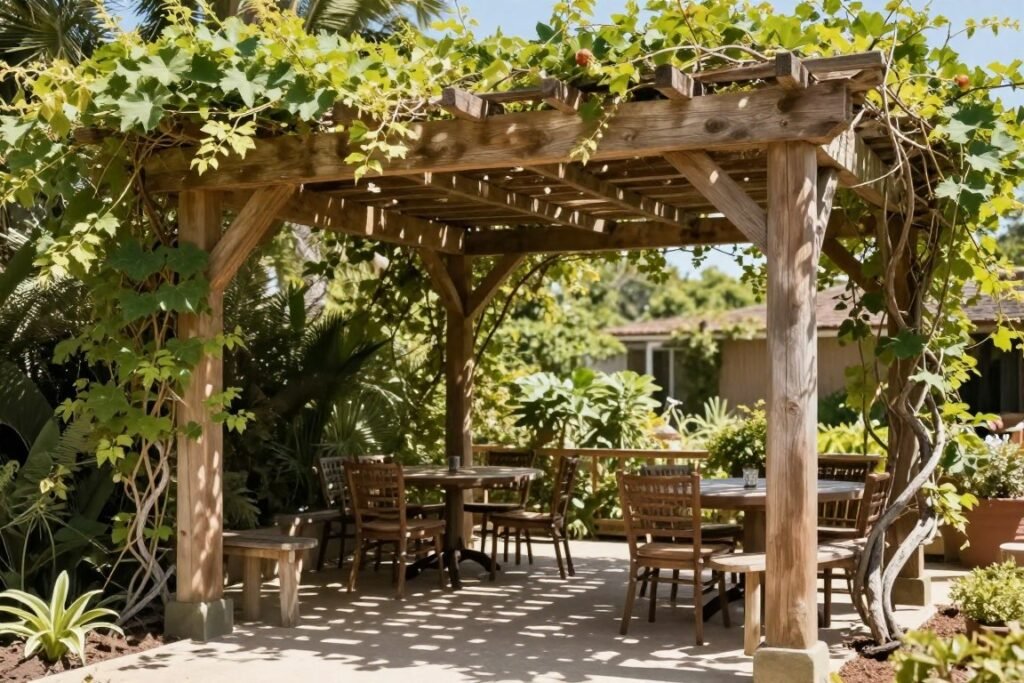 Wooden pergola with climbing vines providing dappled shade over patio seating area Wooden pergola with climbing vines providing dappled shade over patio seating area