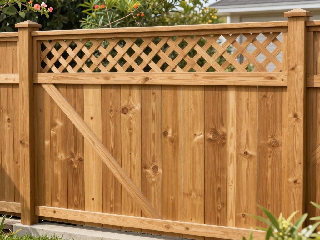 Wooden privacy fence with decorative lattice top section