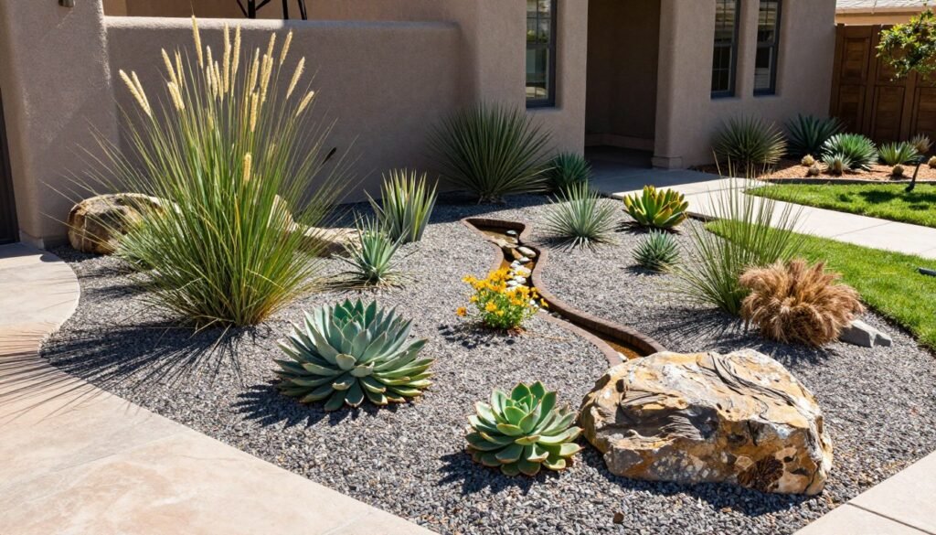 Xeriscape front yard landscaping design layout with drought-tolerant plants
