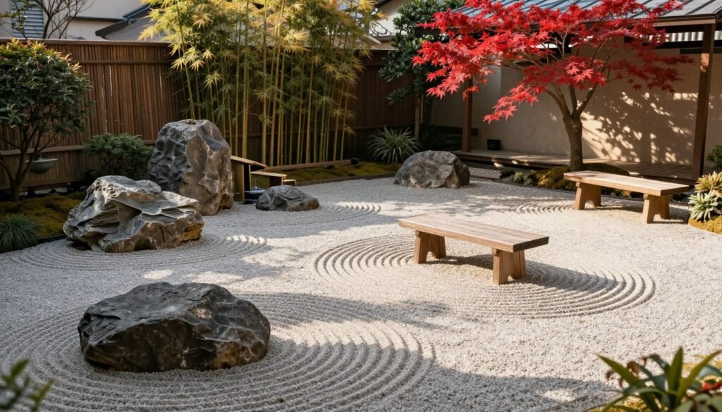 Zen garden backyard with raked gravel, carefully placed rocks, and Japanese maple trees