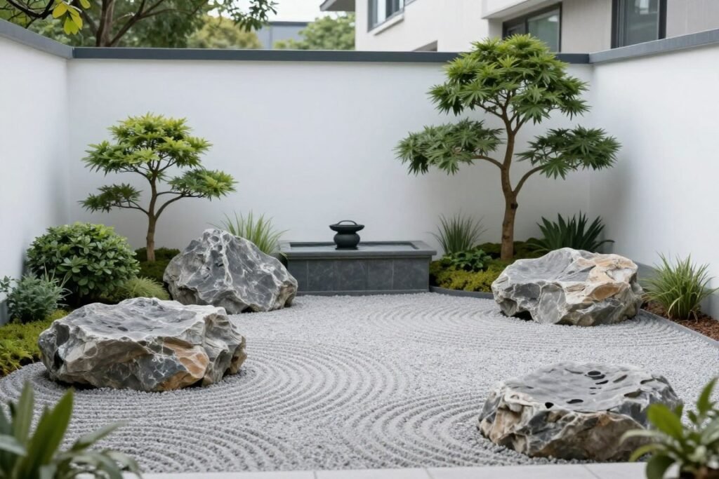 Zen garden style backyard landscaping designs layout with minimalist elements