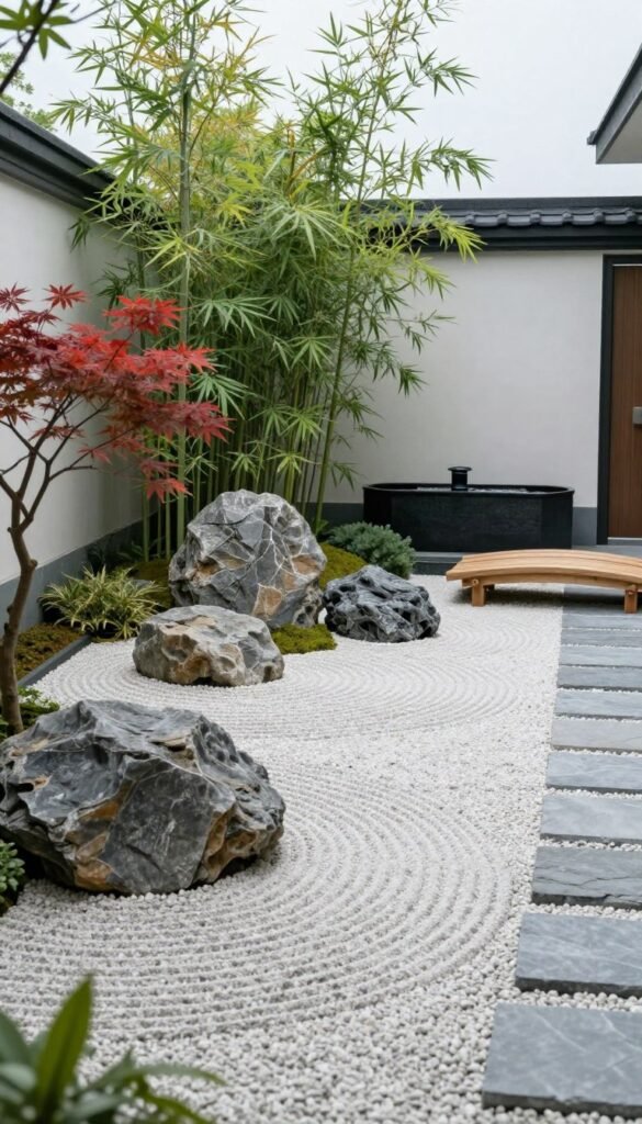 Zen-inspired backyard with rock garden, bamboo, and minimalist water feature