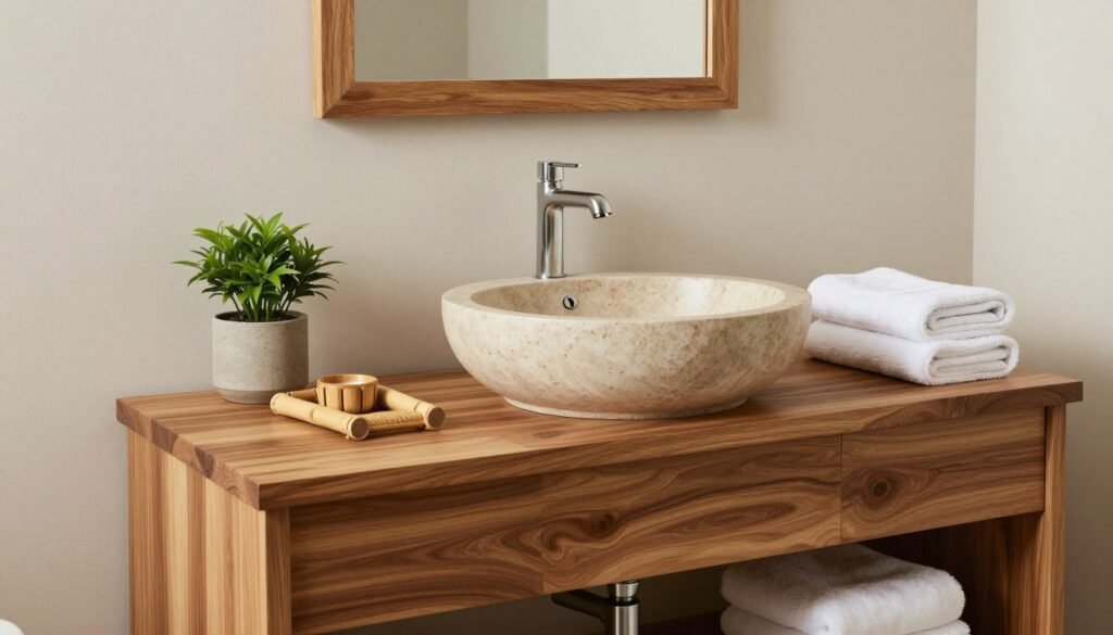 Zen-inspired bathroom vanity with teak wood, vessel sink, and natural elements