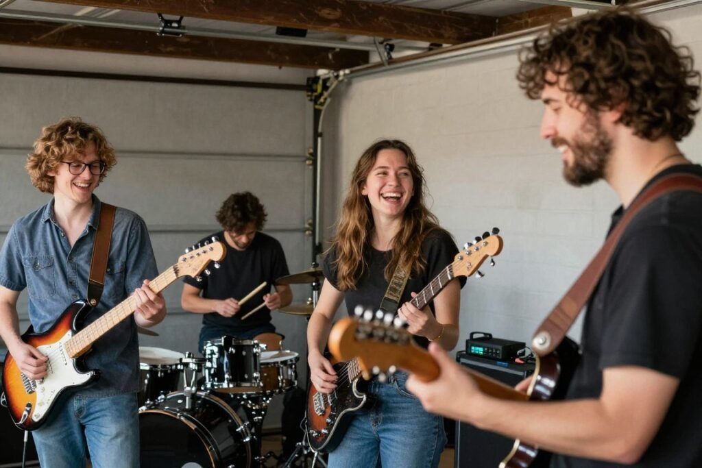 A garage band enjoying a moment of connection and joy while playing music together