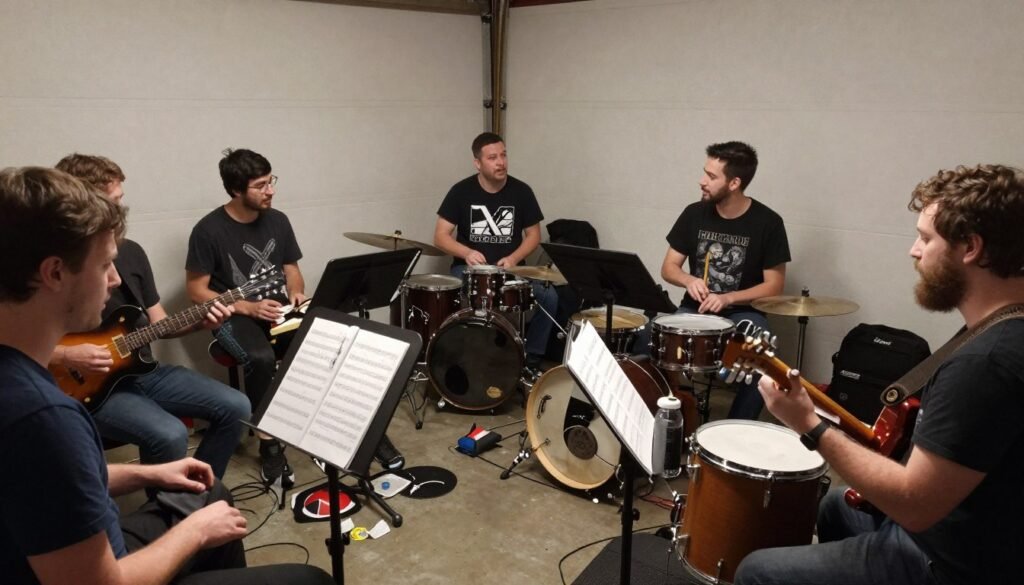 A garage band in the middle of a rehearsal session with members playing instruments