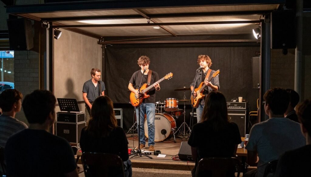 A garage band performing on a small venue stage with audience