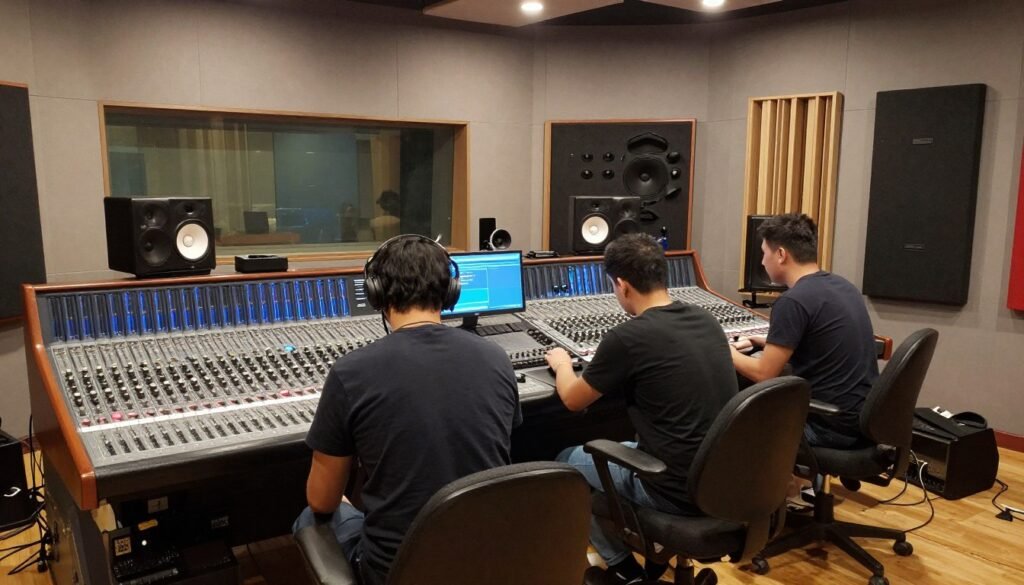 A garage band recording in a professional studio environment