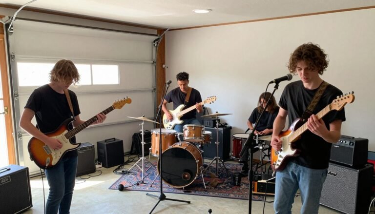 A garage band rehearsing with guitars, drums, and microphones in a garage setting