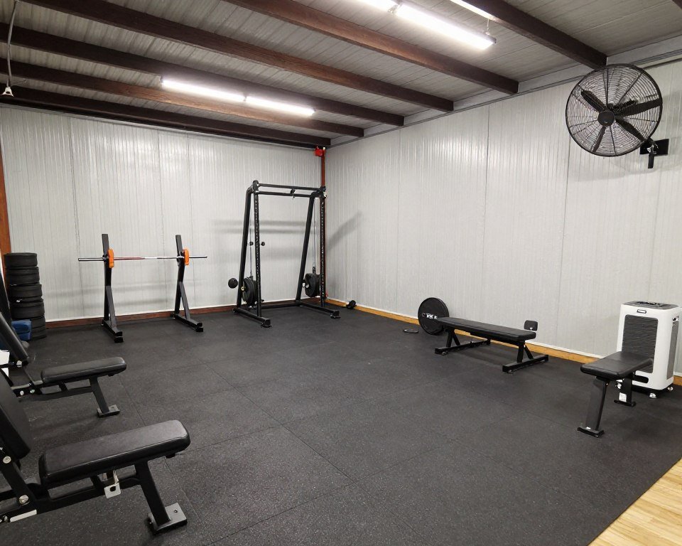 A garage gym with climate control features including fans and a heater