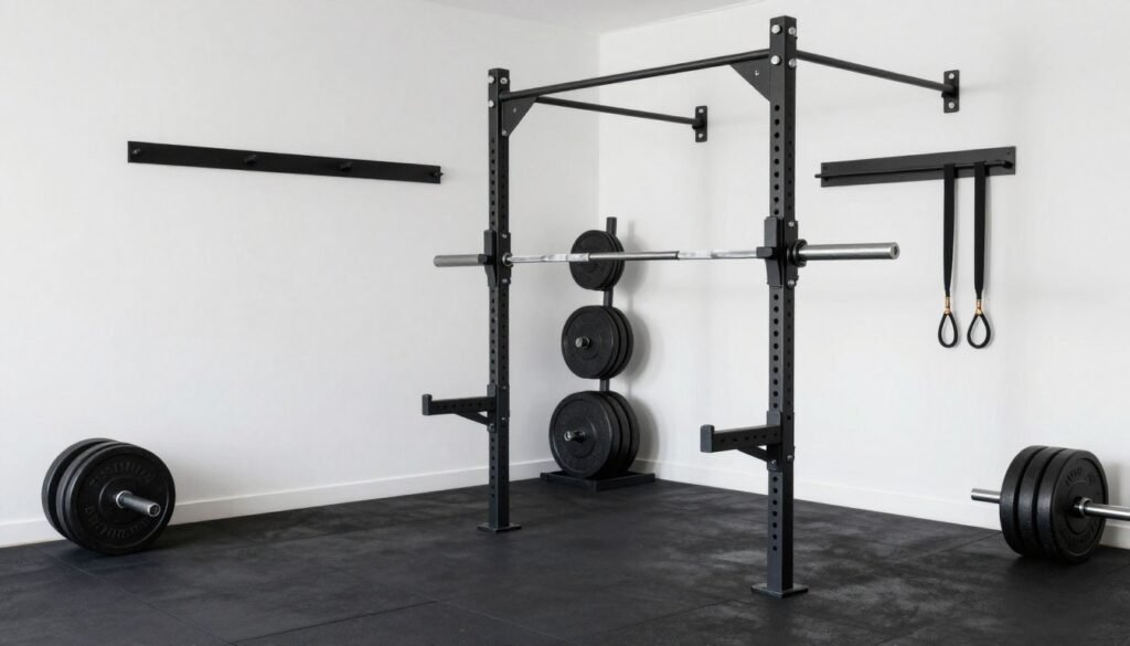 A minimalist budget garage gym with basic equipment