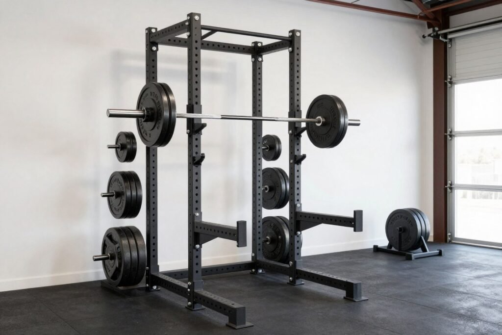 A power rack with barbell and weight plates in a garage gym