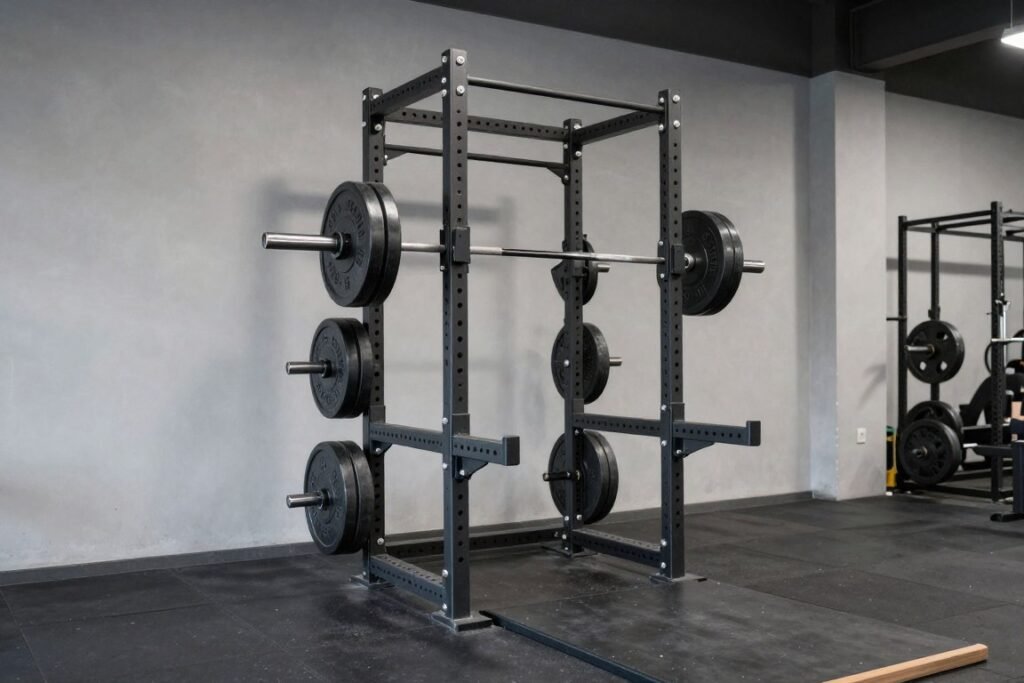 A powerlifting-focused garage gym with power rack, platform, and weights