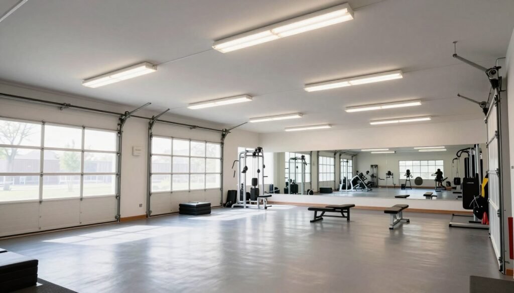A well-lit garage gym with LED lighting and natural light