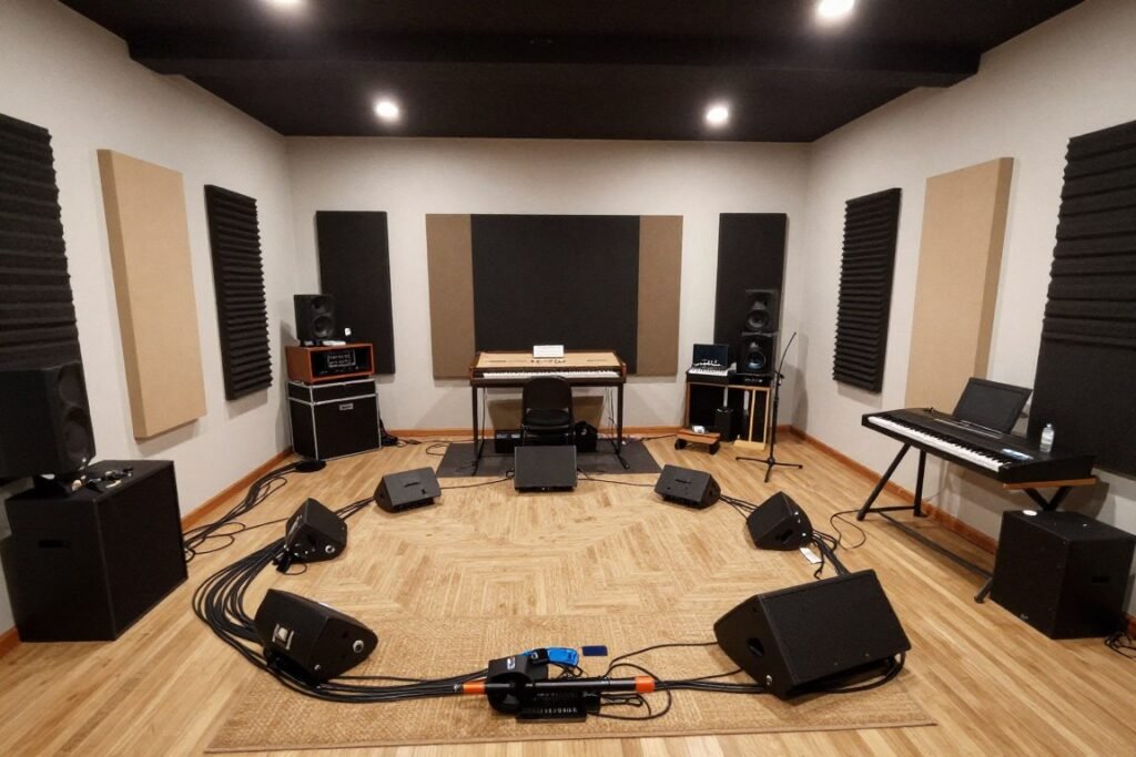 A well-organized garage band practice space with sound treatment and equipment setup