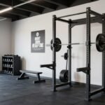 A well-organized garage gym with power rack, barbell, dumbbells, and rubber flooring