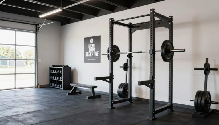 A well-organized garage gym with power rack, barbell, dumbbells, and rubber flooring