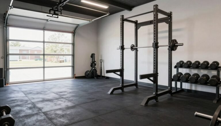 A well-organized garage gym with various equipment and good lighting