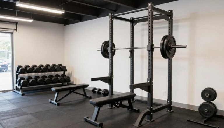 A well-organized garage gym with weight rack, cardio equipment, and rubber flooring