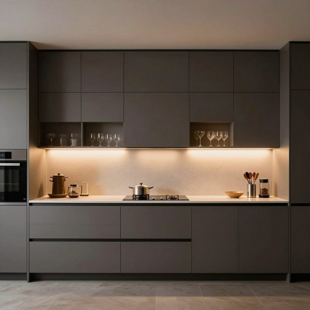 Accent lighting highlighting kitchen design features and decorative elements