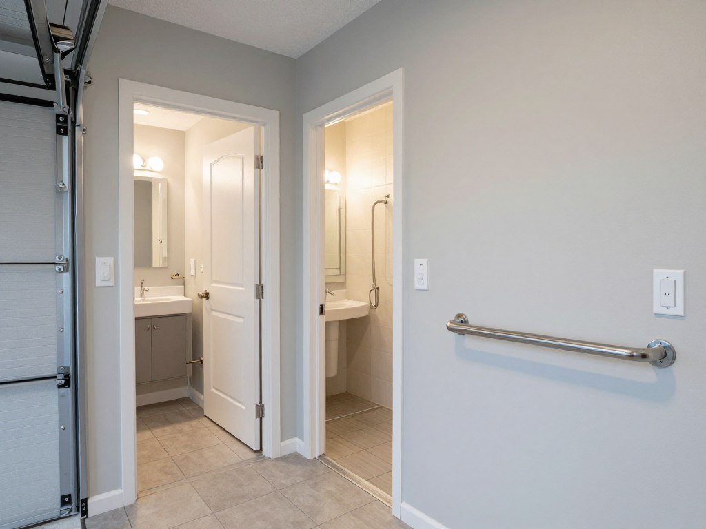 Accessibility features in an above garage apartment interior with wider doorways and grab bars