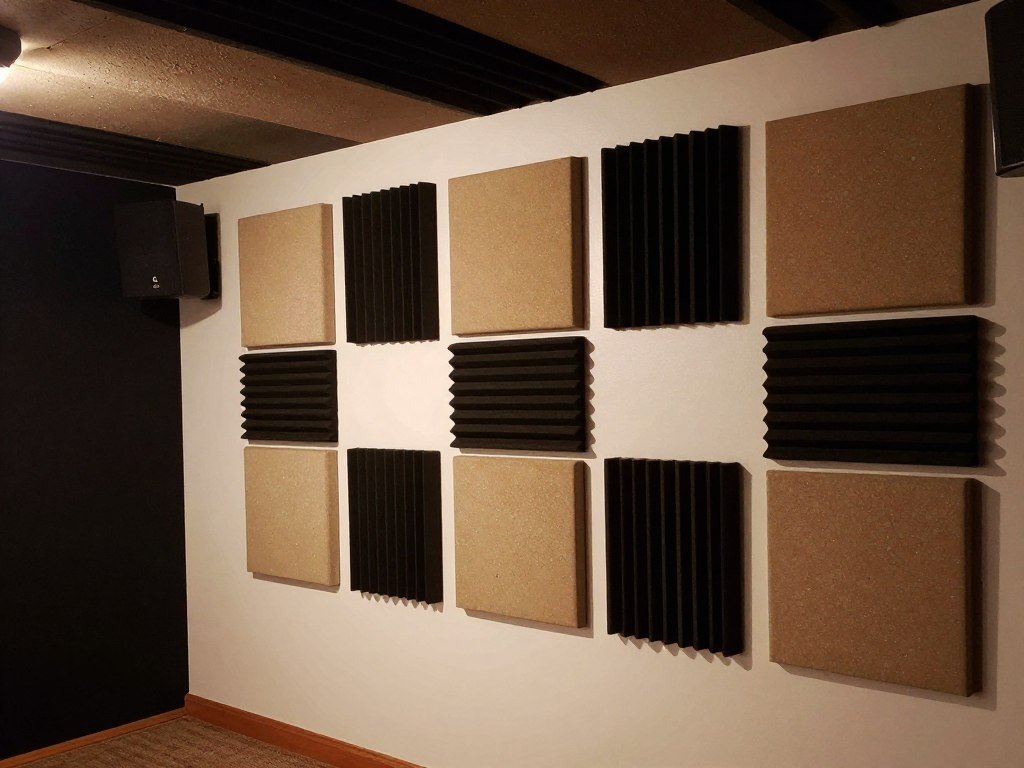 Acoustic panels installed in a garage man cave home theater