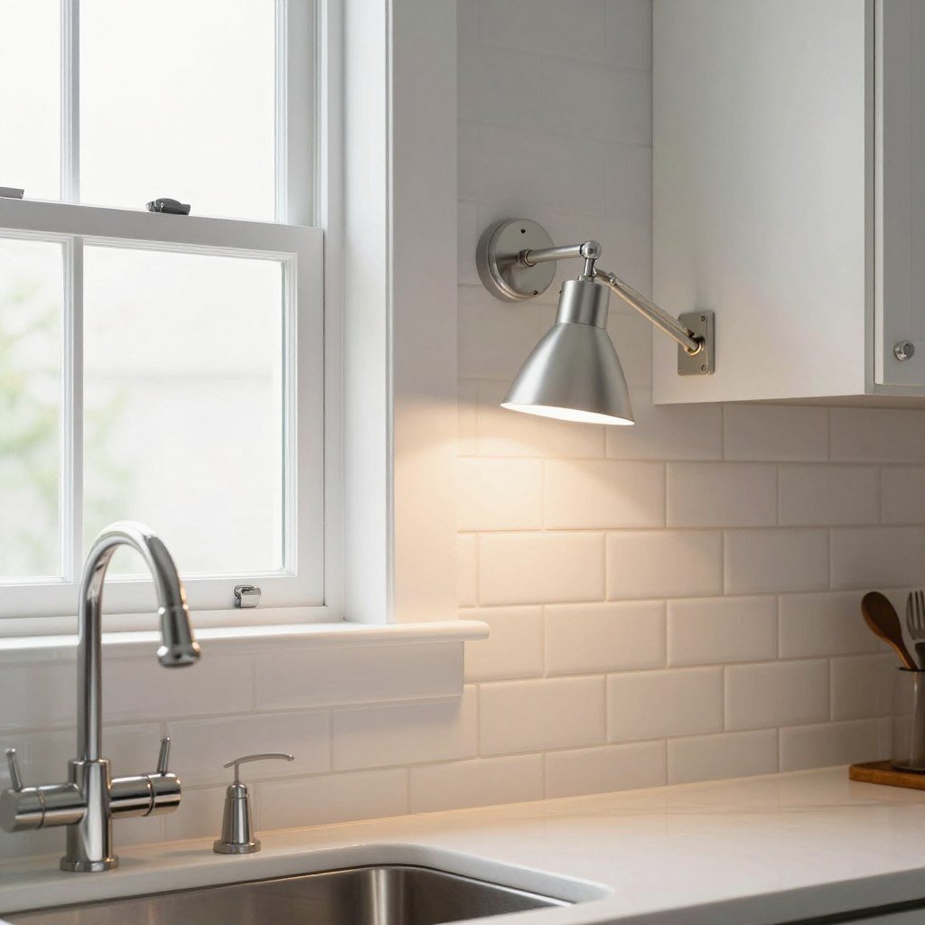 Adjustable arm sconces beside kitchen sink window