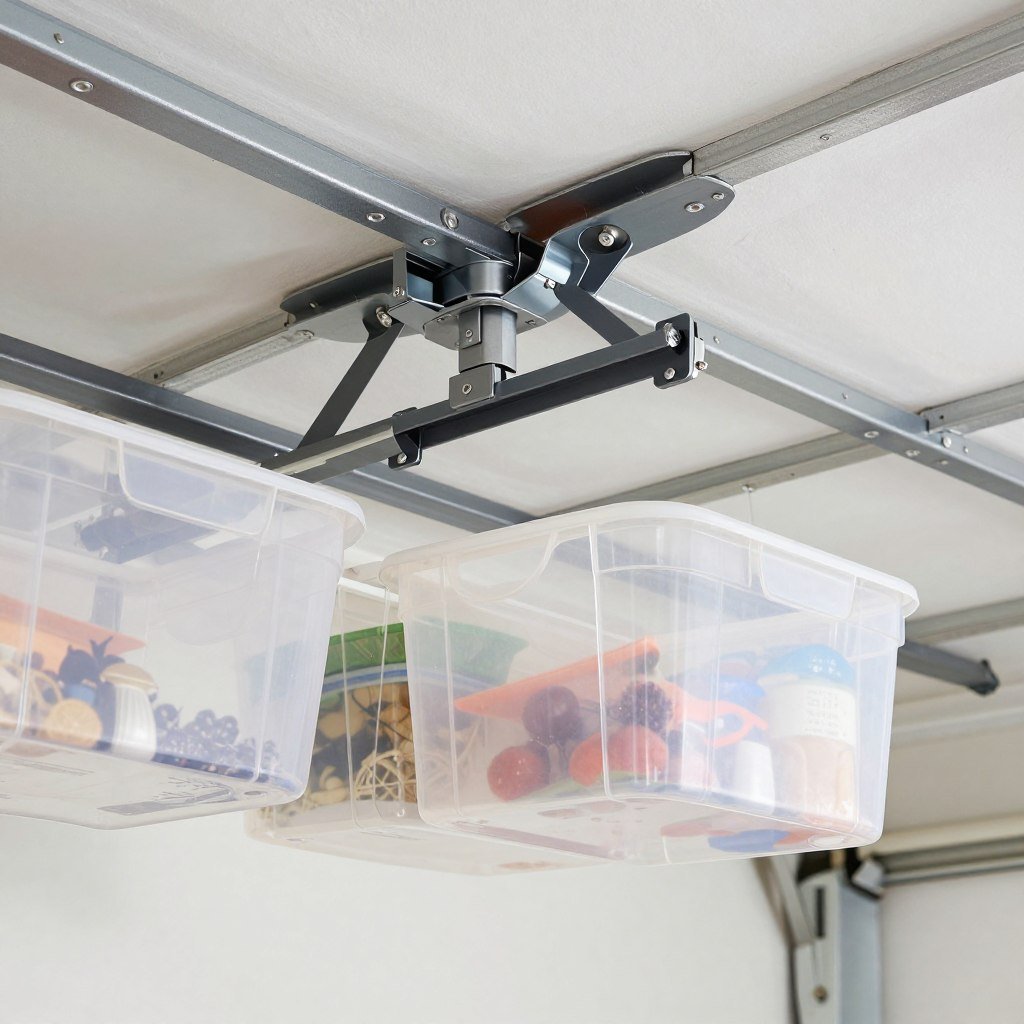 Adjustable ceiling storage rack with items stored in plastic bins Adjustable ceiling storage rack with items stored in plastic bins