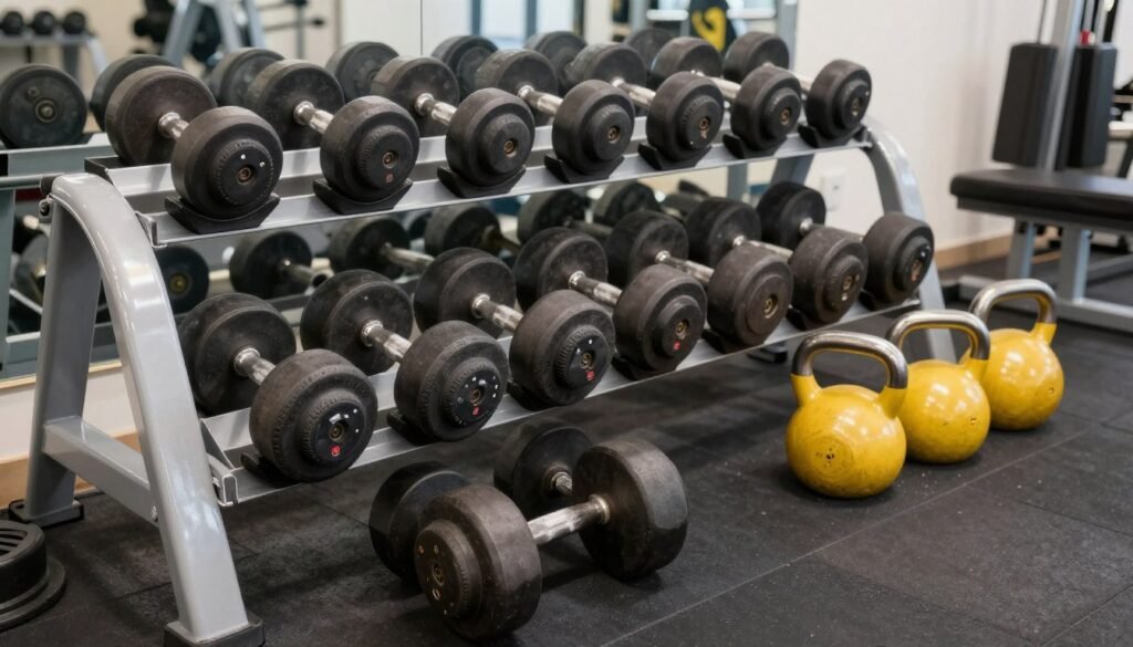 Adjustable dumbbells and kettlebells arranged in a garage gym