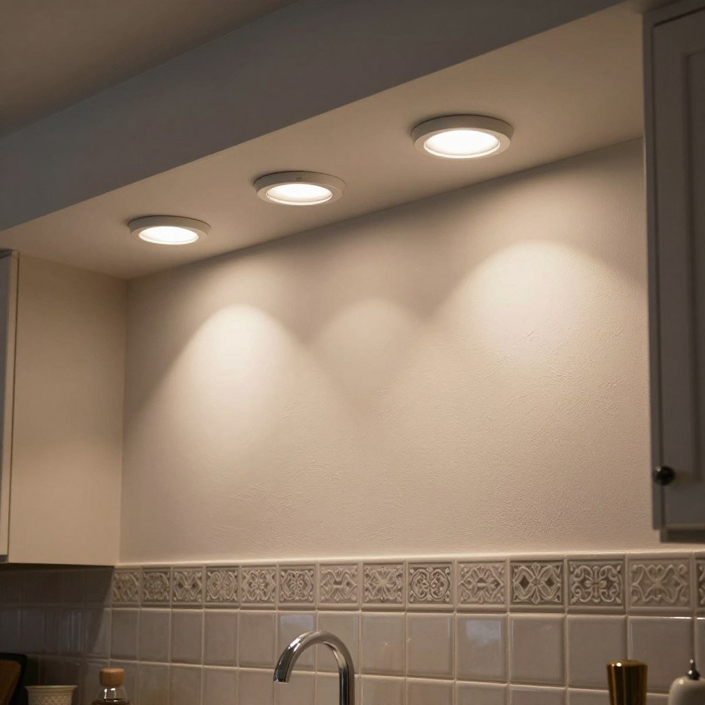 Adjustable recessed lights directed at kitchen backsplash