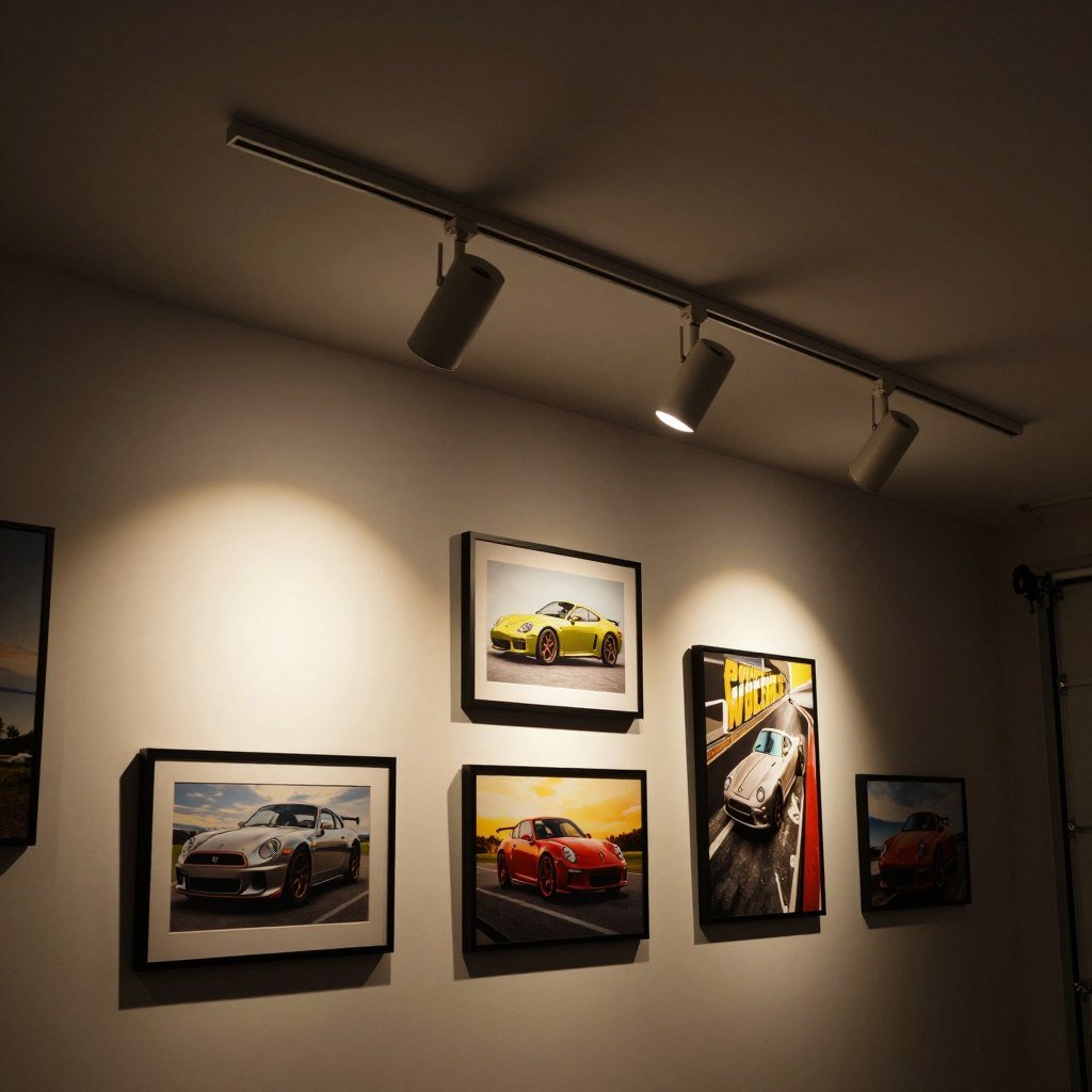 Adjustable track lighting system illuminating garage art collection Adjustable track lighting system illuminating garage art collection