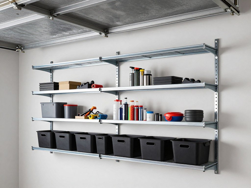 Adjustable track shelving system installed in a garage with various items organized on shelves Adjustable track shelving system installed in a garage with various items organized on shelves