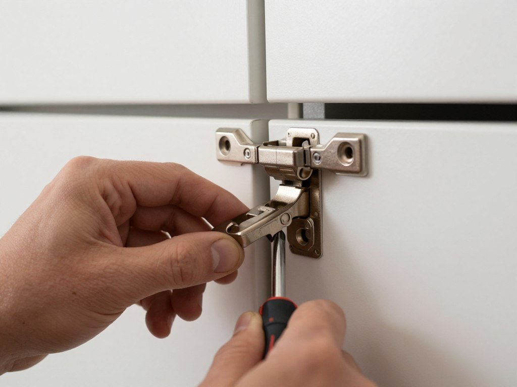 Adjusting garage cabinet door hinges for proper alignment