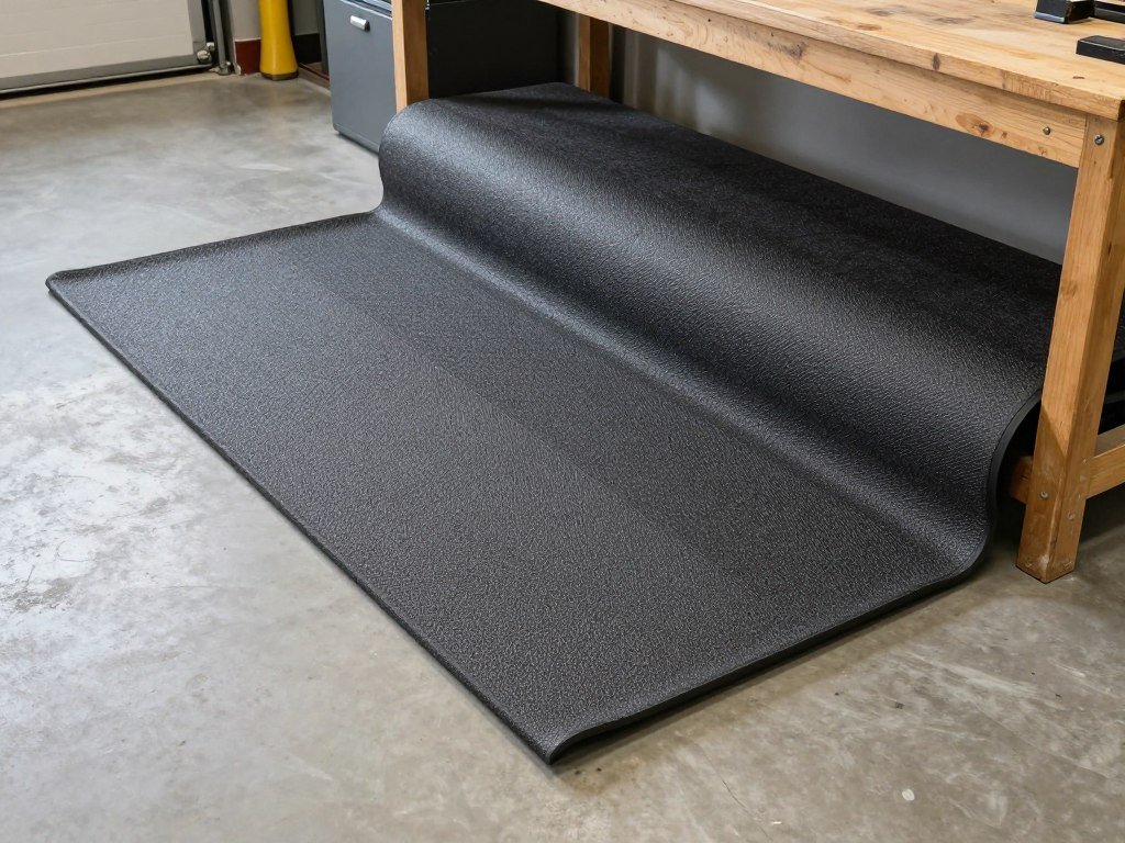 Anti-fatigue mats placed in garage workshop area