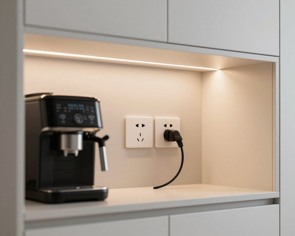 Appliance garage interior showing built-in electrical outlets and LED lighting