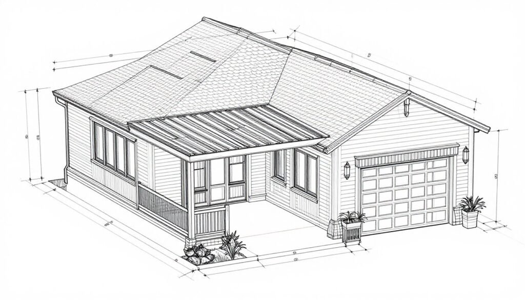 Architectural drawing of an enclosed breezeway showing structural elements and design considerations Architectural drawing of an enclosed breezeway showing structural elements and design considerations