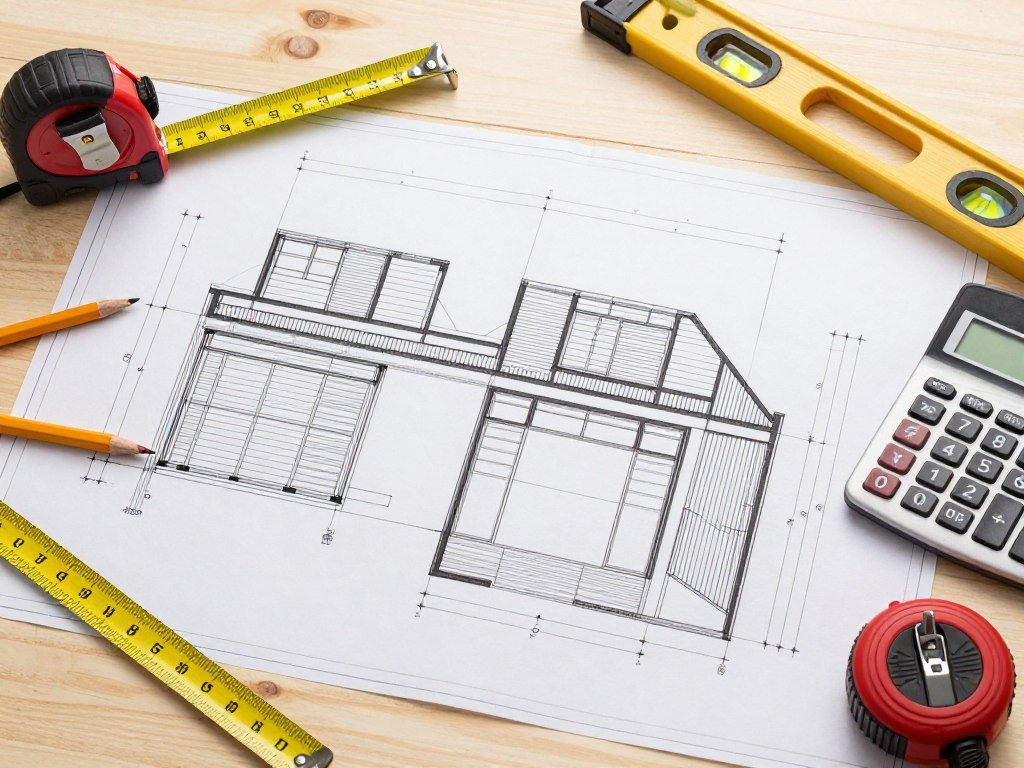 Architectural plans and measuring tools for a garage loft conversion project