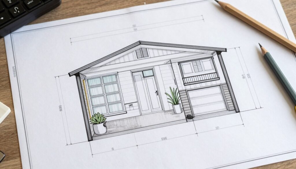 Architectural plans for a garage conversion with measurements and design elements Architectural plans for a garage conversion with measurements and design elements
