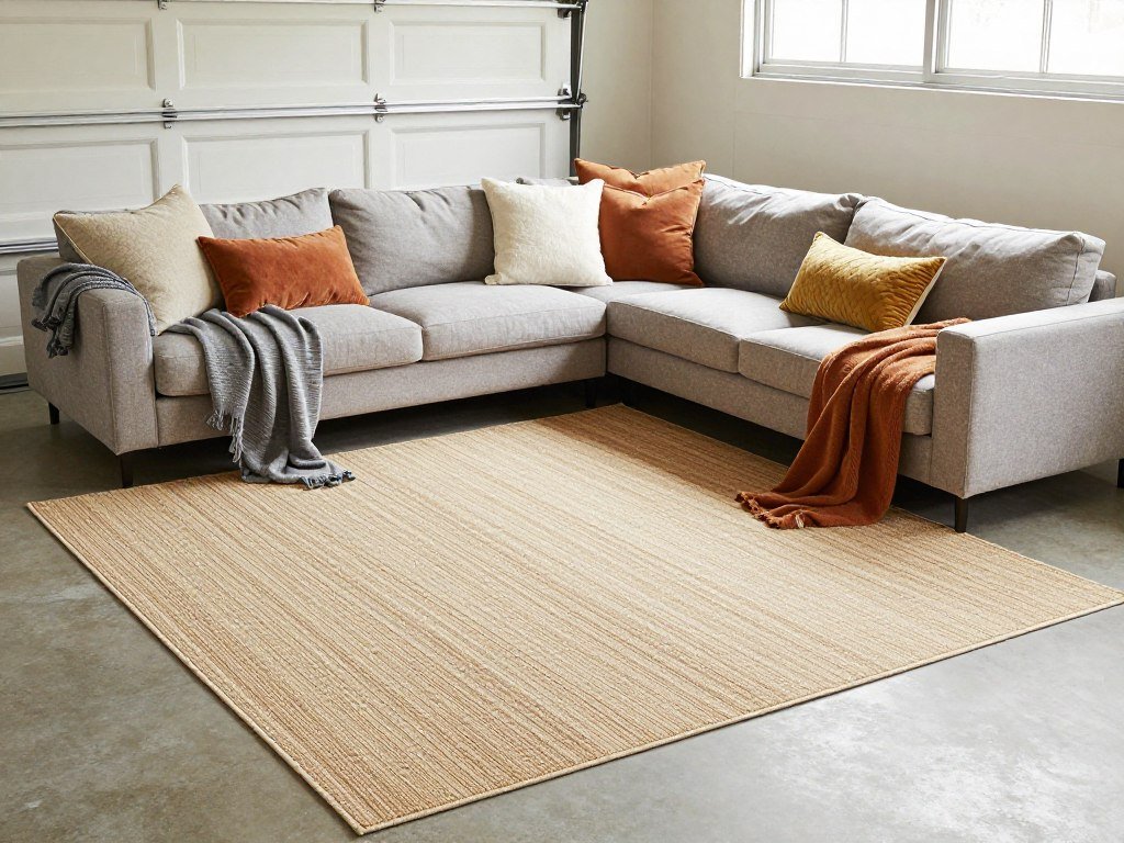 Area rug and throw pillows adding comfort to a garage man cave seating area