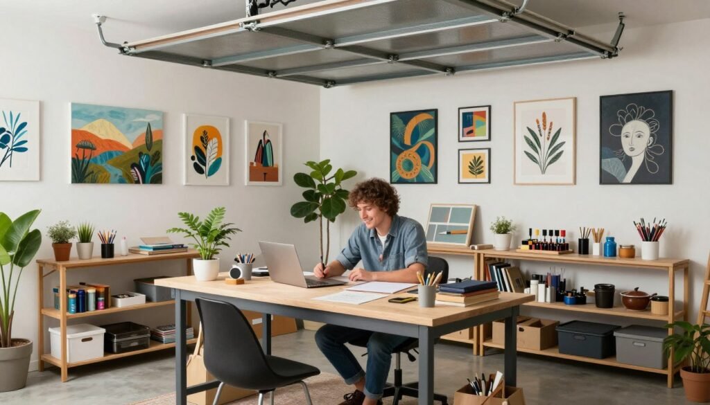 Artist happily working in their completed garage art studio surrounded by their creations